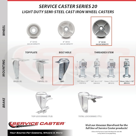 Service Caster Semi Steel Swivel TS Caster w/Roller Bearing-5" Wheel&10MM Stems-2 w/Brake, 4PK SCC-TS20S515-SSR-M1015-2-TLB-2
